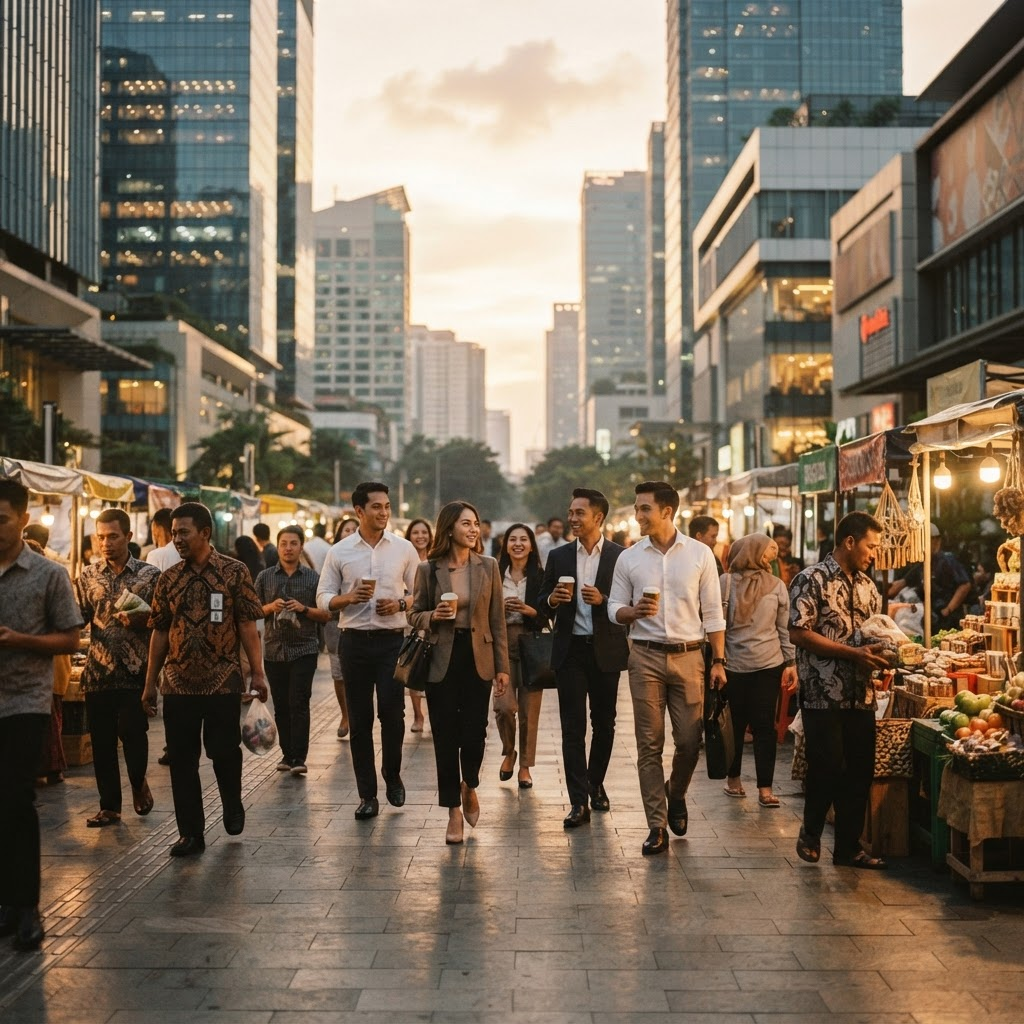 A vibrant, modern city street in an emerging market at golden hour