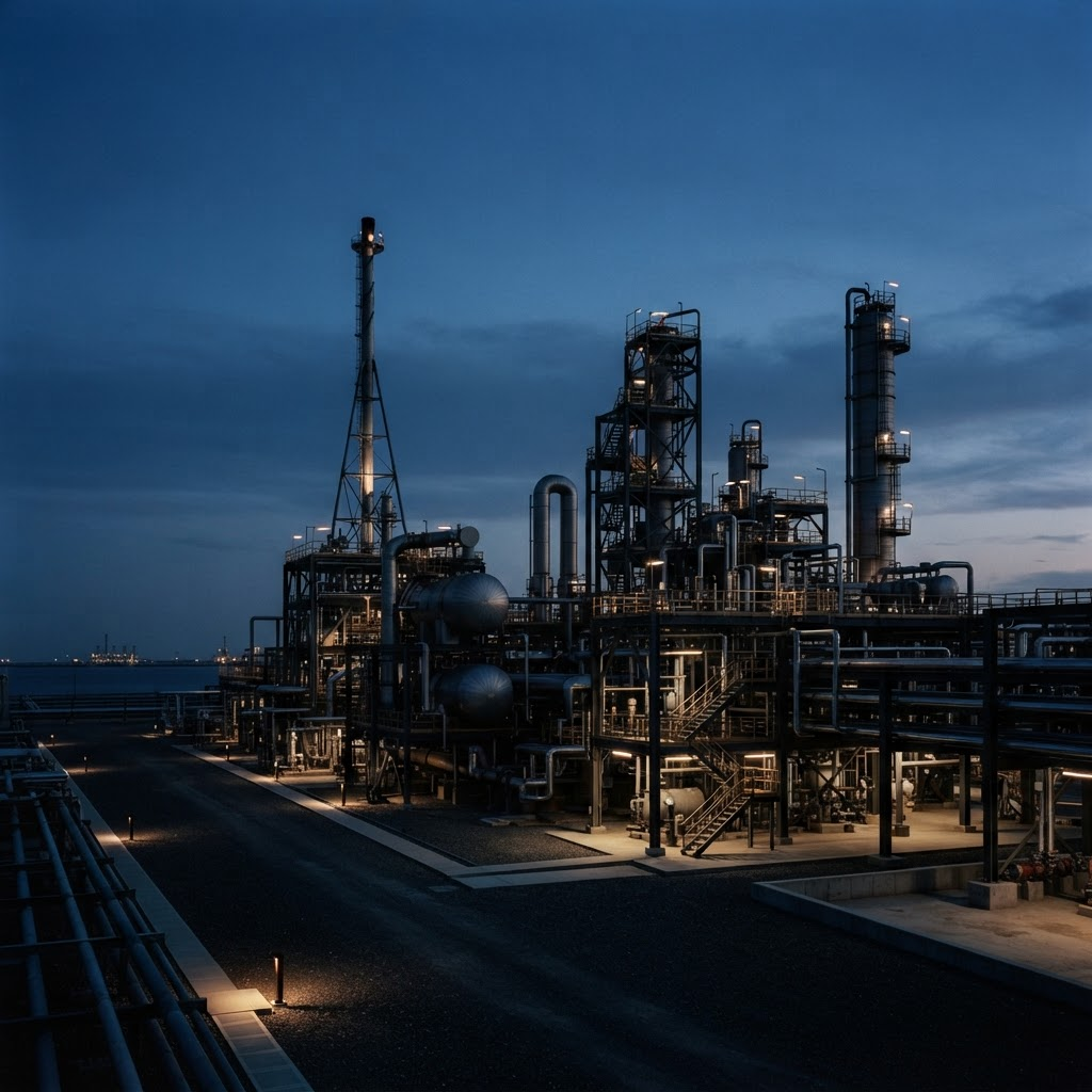 A modern industrial energy facility silhouetted against a deep twilight sky
