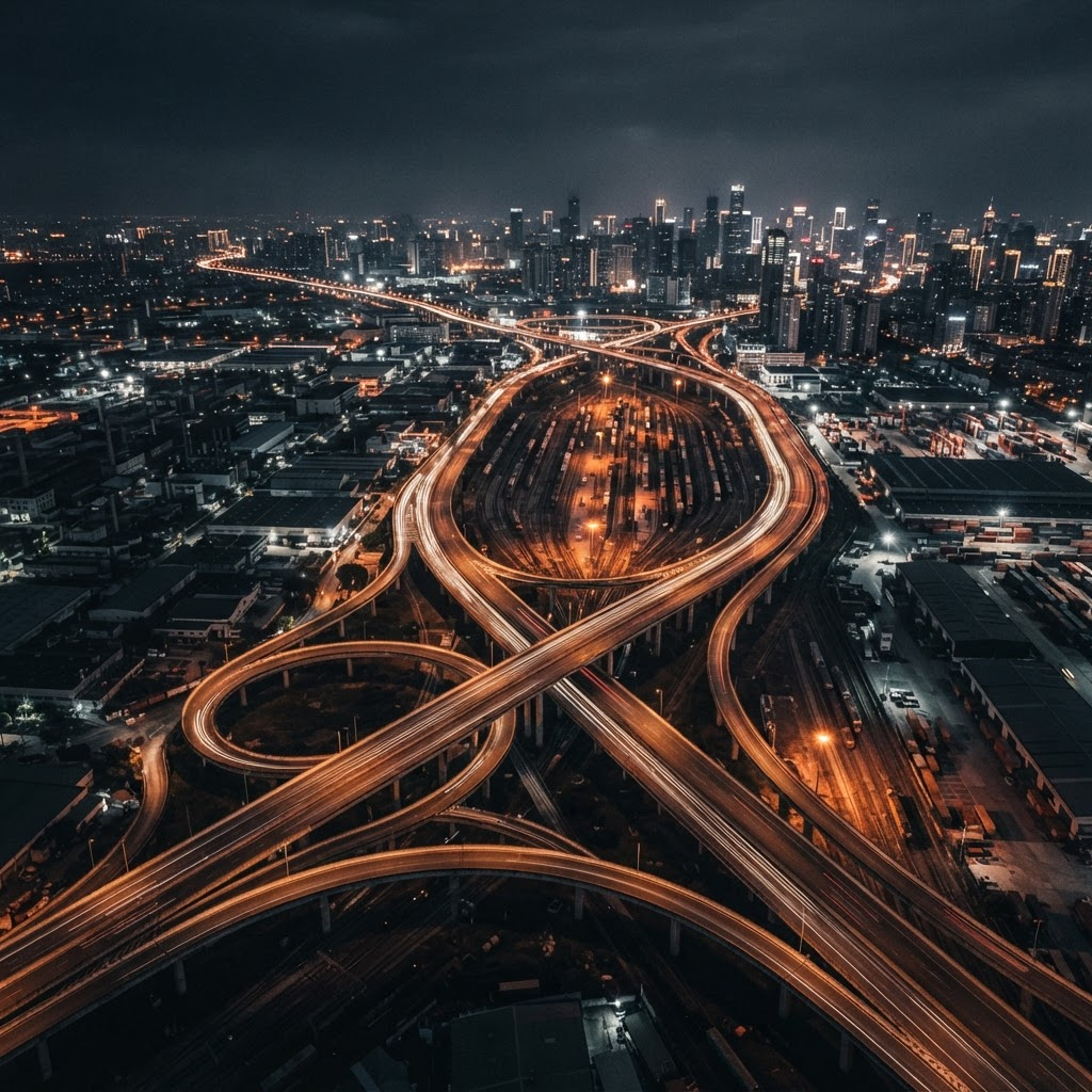An aerial night view of a complex highway interchange linking industrial districts and a lit city